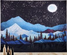 Mountain Wall Tapestry Moon Tapestry Forest Tree Tapestry Landscape Tapestry Stars Psychedelic Nature Wall Hanging Tapestries Home Decorations For Bedroom Living Dorm Room 150x130cm, Blue (FREE POSTAGE)