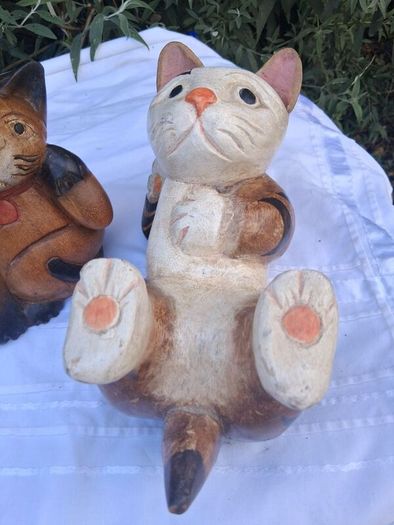 3 X Art Deco Handpainted Hardwood Cats