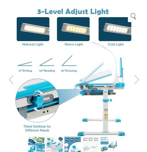Adjustable kids study table, chair, led light set