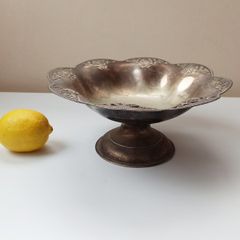 Vintage silver plated footed candy dish with repousse decoration