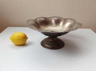 Vintage silver plated footed candy dish with repousse decoration