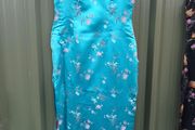 Vintage blue cheongsam, brocade, small, hand taylored, D18 post 6e