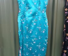 Vintage blue cheongsam, brocade, small, hand taylored, D18 post 6e