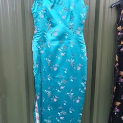 Vintage blue cheongsam, brocade, small, hand taylored, D18 post 6e