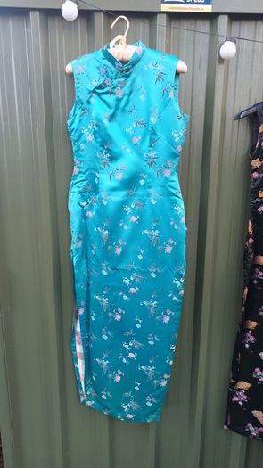 Vintage blue cheongsam, brocade, small, hand taylored, D18 post 6e