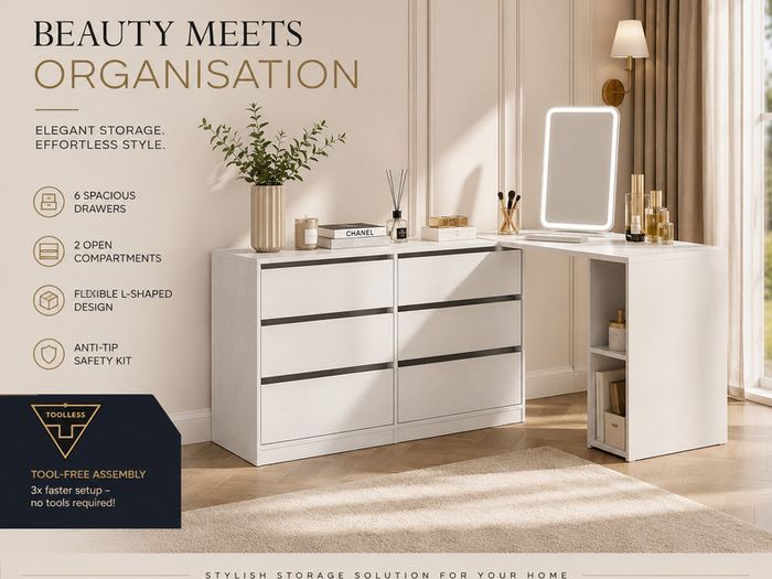 White Corner Dressing Table with Chest of  Drawers & Storage Makeup Vanity Desk