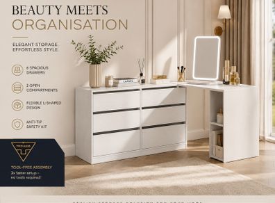 White Corner Dressing Table with Chest of  Drawers & Storage Makeup Vanity Desk