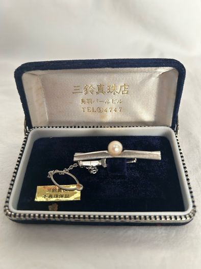Vintage Japanese Misuzu Genuine Pearl SILVER Tie Clip Bar Boxed Toba Japan