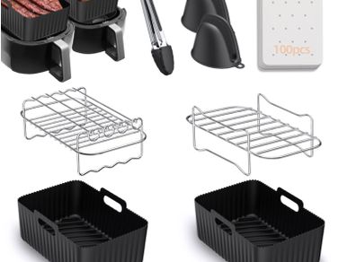 8pcs Air Fryer Accessories for Ninja Dual AF400UK & Tower T17088 & AF300UK, Dual Silicone Air Fryer Liners & Gloves, Air Fryer Rack & Food Tong & Paper Lining Compatible with Oven, Microwave