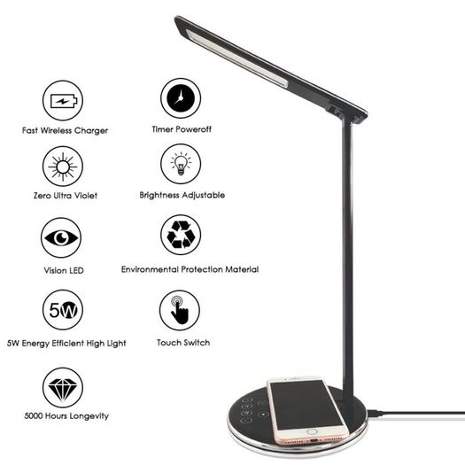 New 2 in 1 folding fast charging LED desk lamp with wireless charger eye protection for iphone, Samsung, Android.