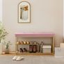 Bench and Shoe Storage, Tufted Shoe Storage Bench with Velvet Seat Cushion Gold Steel Frame for Entryway, Pink Image 2