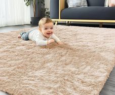 Fluffy Shaggy Rugs Living Room, Large Anti Slip Carpet, Machine Washable Soft Thick Pile Bedside Rug for Kids Bedroom, Nursery - Beige, 120 x 160 cm