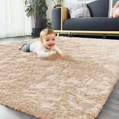 Fluffy Shaggy Rugs Living Room, Large Anti Slip Carpet, Machine Washable Soft Thick Pile Bedside Rug for Kids Bedroom, Nursery - Beige, 120 x 160 cm