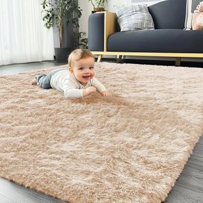 Fluffy Shaggy Rugs Living Room, Large Anti Slip Carpet, Machine Washable Soft Thick Pile Bedside Rug for Kids Bedroom, Nursery - Beige, 120 x 160 cm