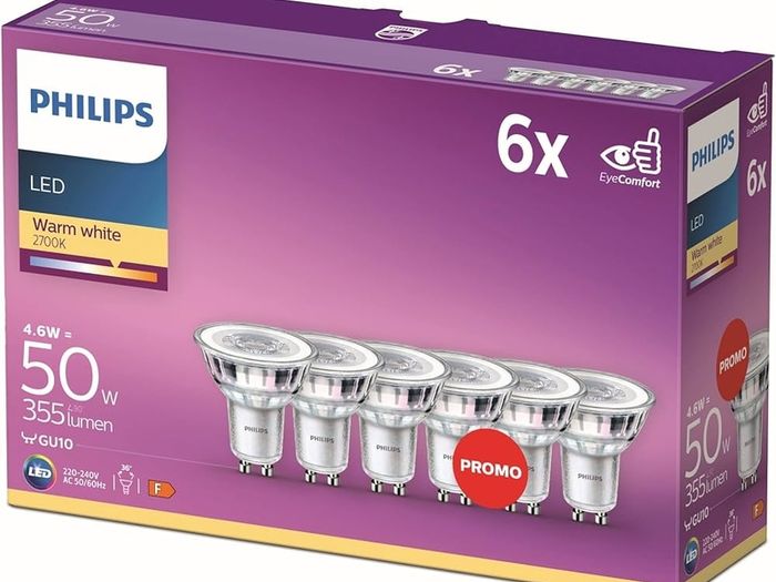Lighting Philips LED Classic GU10 Bulbs, Pack of 6 (50 W), Reflector LED Spotlights with Warm White Light, Energy-Saving Lamps with Long Service Life