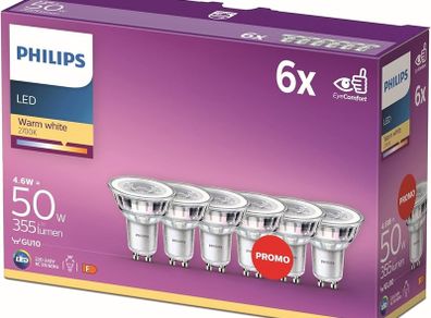 Lighting Philips LED Classic GU10 Bulbs, Pack of 6 (50 W), Reflector LED Spotlights with Warm White Light, Energy-Saving Lamps with Long Service Life
