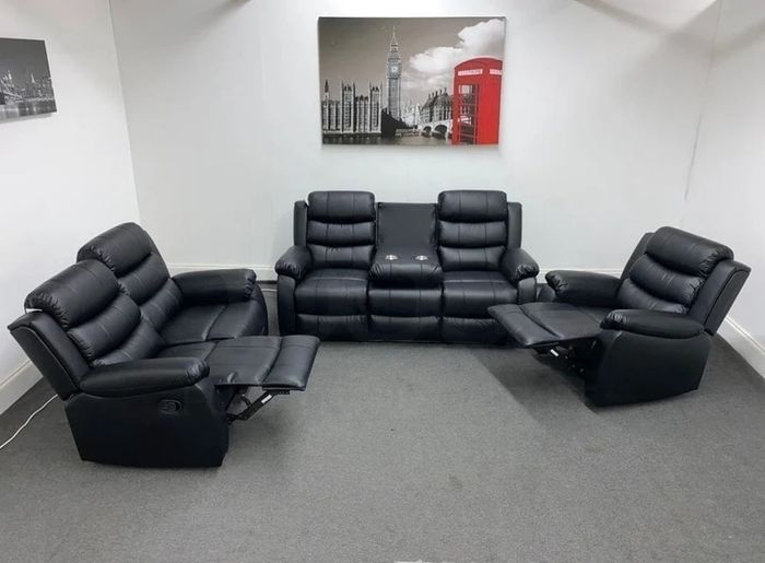 Roma Black Manual Leather Recliner Sofa Set