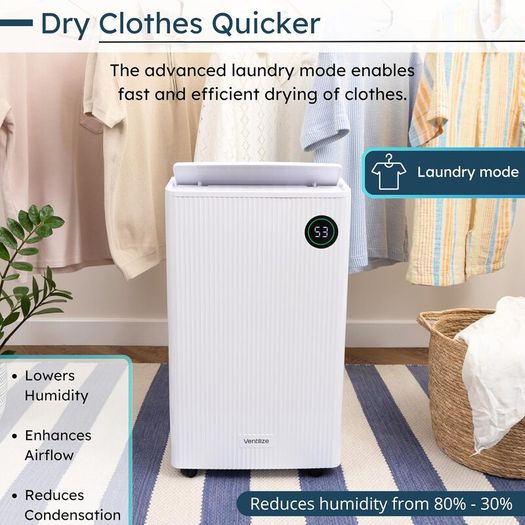 Premium 2-in-1 Dehumidifier 20L with Active Carbon Air Filter Smart LCD Touch Control For Damp Mould & Condensation Continuous Drain Option, Laundry Dry Mode, 24H Timer Energy Efficient by Ventilize