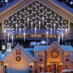 Icicle Outdoor Christmas Lights - Moxled 29.52ft 360 LED Fairy Lights Mains Powered with Remote, Timer Memory Function, 8 Modes Connectable Icicle Lights for Indoor Outdoor Xmas Decorations (FREE POSTAGE)