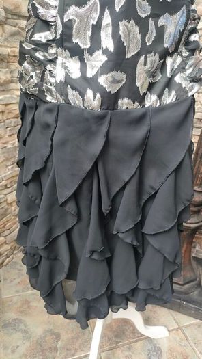 Vintage 80s strapless silver metallic and black ruffle occasion party dress