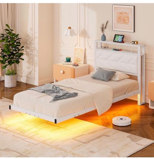 ingle Floating Upholstered Bed Frame with Storage Headboard, White Metal Bed Frame with LED Lights and Charging Station, Heavy Duty Metal Slat Support, Noise Free, No Box Spring Needed