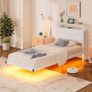 ingle Floating Upholstered Bed Frame with Storage Headboard, White Metal Bed Frame with LED Lights and Charging Station, Heavy Duty Metal Slat Support, Noise Free, No Box Spring Needed Image 7