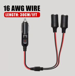 1-To-2 Car Plug Distributors Adapters Power Chargers Ports Male, Car Plug to 2 Female Outlet Extension Cords 16AWG, Car Plug Sockets Two-Way Distributors Y-Shaped Adapters with LED Light 15A Fuse,