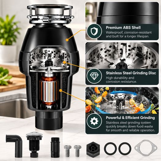 3/4 HP Food Waste Disposer 3600 RPM Continuous Feed Kitchen Sink Waste Disposal Unit