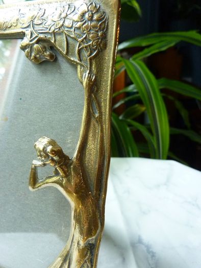 Original Art Nouveau Brass Dressing Table Pieces. Photo Frame and Repousse Tray