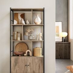 Bookshelf, Storage Shelf, Large Bookcase with Doors, 4 Shelves, Steel Structure, Industrial Style, for Living Room, Office, Toasted Oak Colour and Black