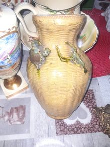 Antique Japanese Seto ceramic pottery vase featuring figural relief crab and lobster decorations, Likely Meiji Period 1868 to1912