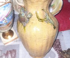 Antique Japanese Seto ceramic pottery vase featuring figural relief crab and lobster decorations, Likely Meiji Period 1868 to1912