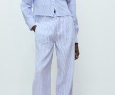 linen wide leg trousers Mango blue stripes linen rich blend size 40 new