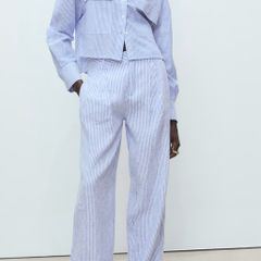 Womens linen trousers Mango blue stripes linen rich blend size 40 new