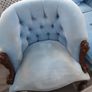 2 blue velvet buttoned armchairs with twisted wooden legs immaculate condition Image 4