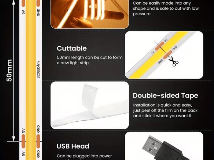 5M USB-Powered Smart LED Strip with Motion Sensor - Auto Sensor Switch, Self-Adhesive 5V COB LED Strip, Ultra-Bright Low-Voltage Design,