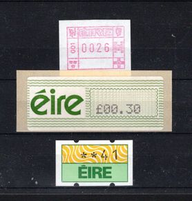 1990 Ireland Definitive from vending Machines (Frama Dublin, Klussenforf Limerick & Amiel/ Pitney-Bowes set Mint Never Hinged (MNH)