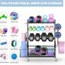Dumbbell Rack Stand, Multifunctional Weight Rack for Dumbbells, Yoga Mat, Fascia Roller, Kettlebell and Yoga Block, Powder-Coated Steel Dumbbell Stand with Wheels and Hooks Image 5