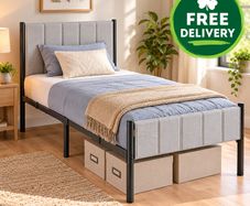 Sturdy Double Bed Frame with Foam Headboard and Underbed Storage