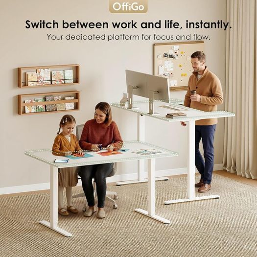 Electric Standing Desk 140cm U Shaped Height Adjustable with 3 Memory Smart Panels Sit Stand Rising Table Small Computer for Home Office White