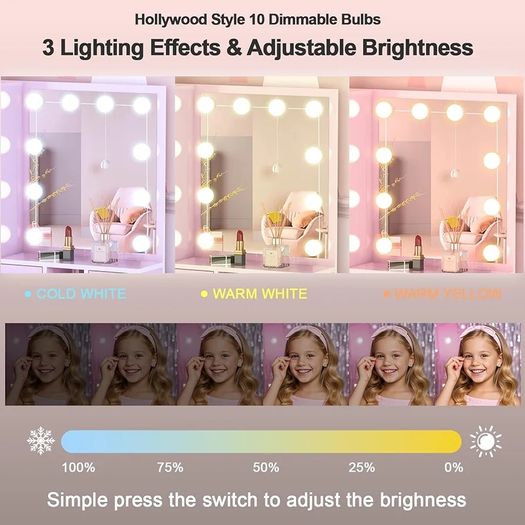 Dressing Table with Mirror and Stool, 10 LED Light Bulbs Vanity Desk with Storage Shelves & 3 Drawers, Kids Vanity Table and Chair Bedroom Furniture Girls Vanity Set 60cm Pink Makeup Desk