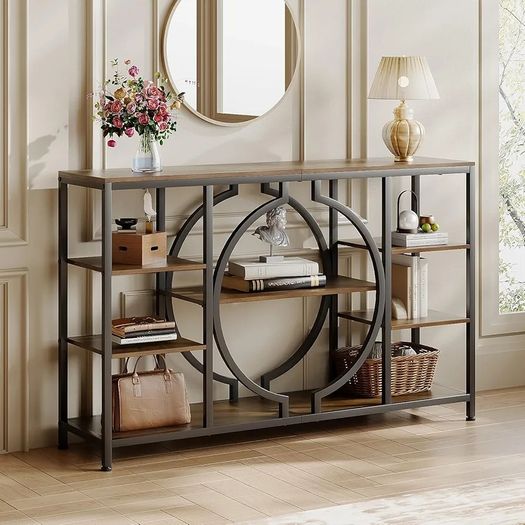 120cm Industrial Console Tables for Entryway Rustic Sofa Table Behind Couch 4 Tier Wooden Shelves Entry Table with Storage for Foyer, Hallway, Front Door,Living Room (Rustic Brown)