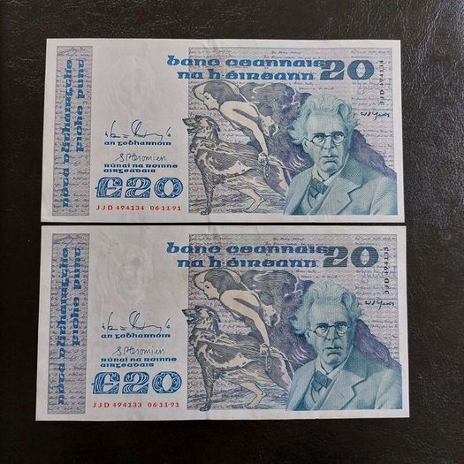 1991 Central Bank of Ireland 20 Pound Notes in Sequence