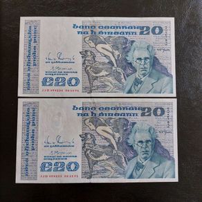 1991 Central Bank of Ireland 20 Pound Notes in Sequence