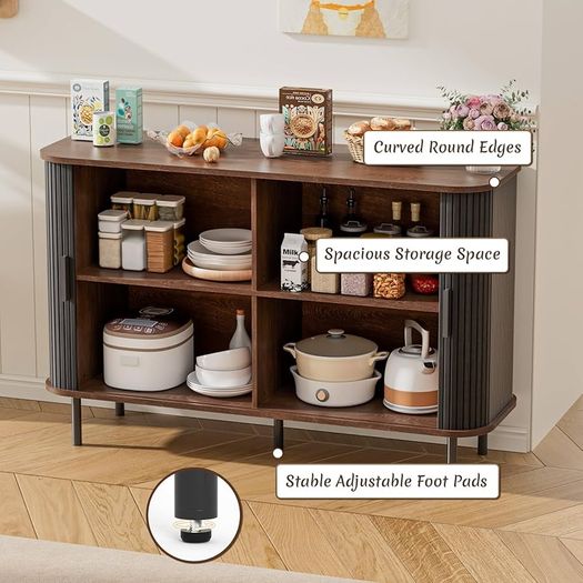 Sideboard Cabinet, Buffet Storage Cabinet, Kitchen Cupboard with Tambour Sliding Door, Storage Unit for Living Room Home Dinning Room Modern,Black