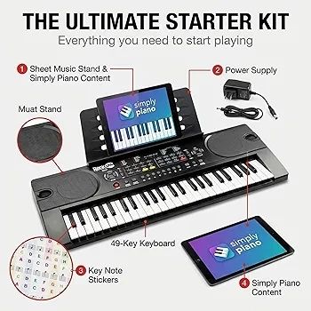 49 Key Keyboard Piano with Power Supply, Sheet Music Stand, Piano Note Stickers & Simply Piano Lessons