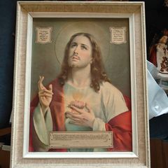 Vintage framed devotional print of the Sacred Heart of Jesus