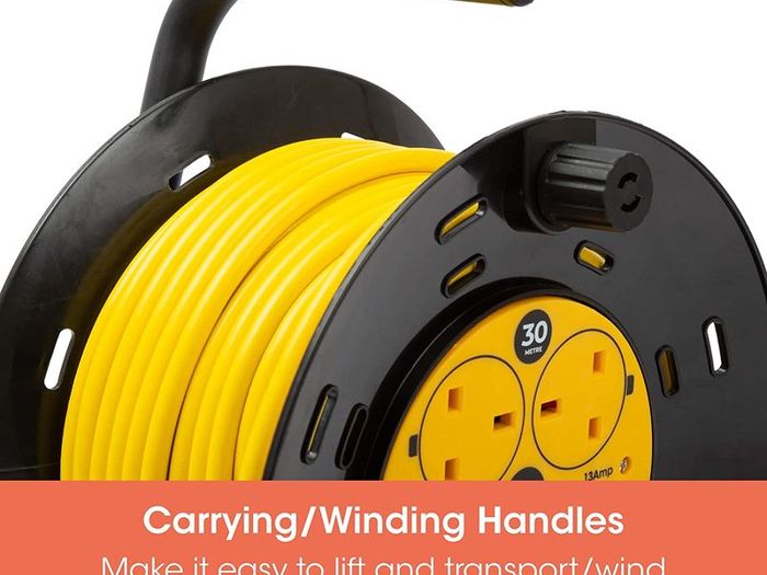 Extension Lead 30m Heavy Duty Cable Reel, 4 Socket Cord Reel UK Plug Socket with Thermal Cut-Out Protection 13A Fused Plug