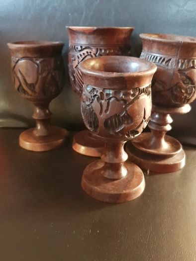 Beautiful Hand Carved Wooden Wine Goblets Zimbabwe Rosewood Animals Rhino