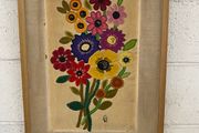 Vintage Yarn Crewel Embroidered Flowers SIGNED E W